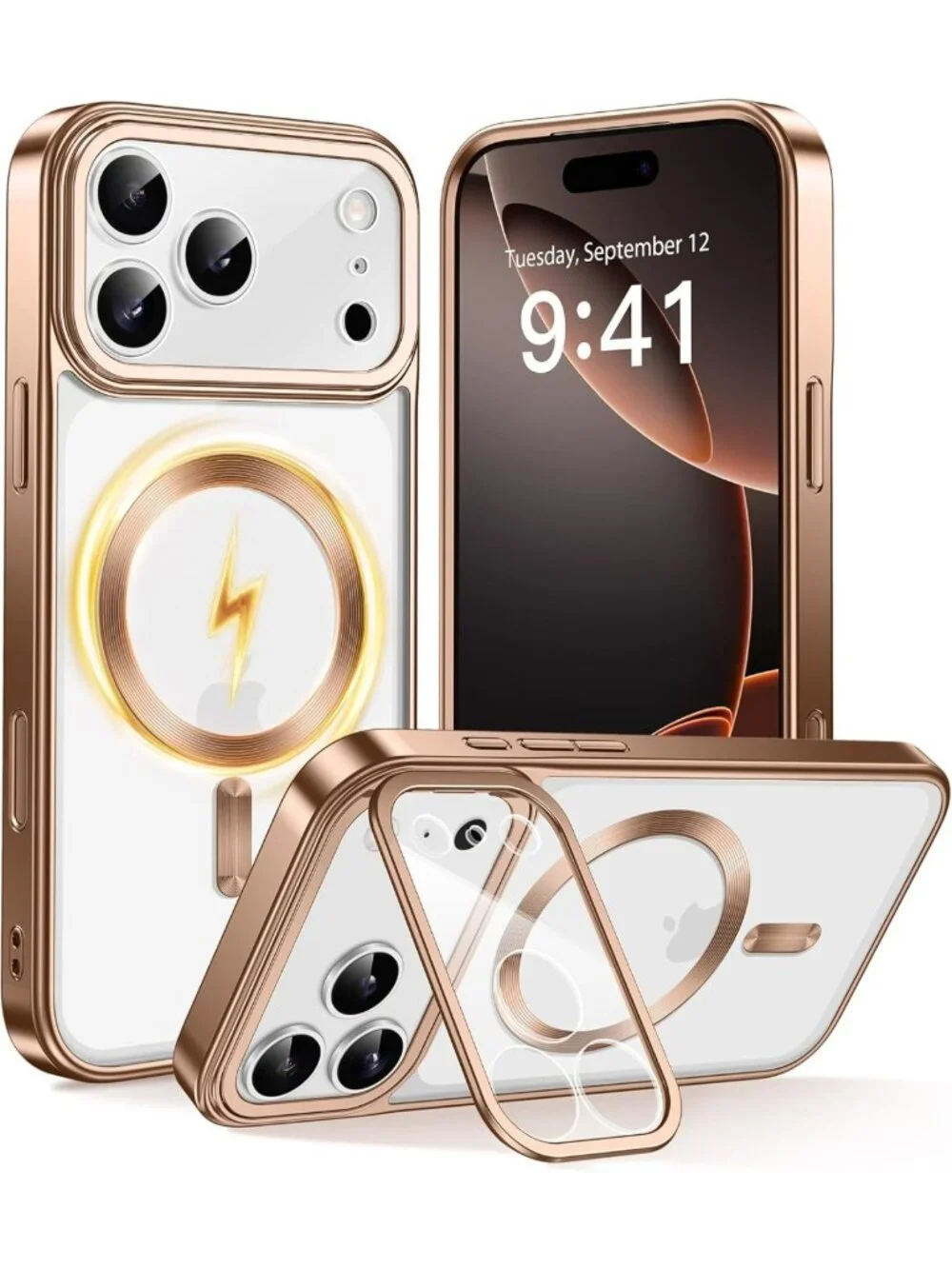 iPhone 17 Pro Case with Stand, MagSafe Compatible, Shockproof, Rose Gold/Clear